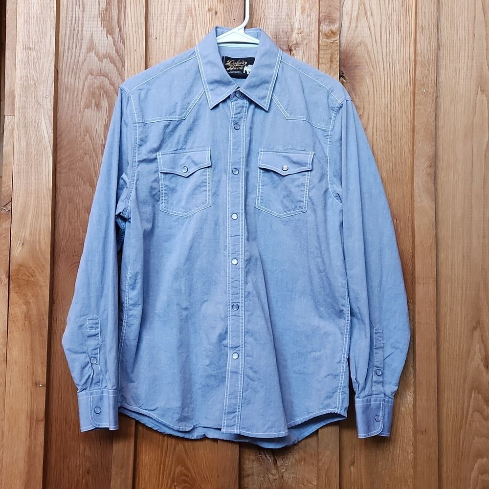 Duke's Bark Western Pearl Snap Long Sleeve Casual Shirt, Medium, Woven Blue